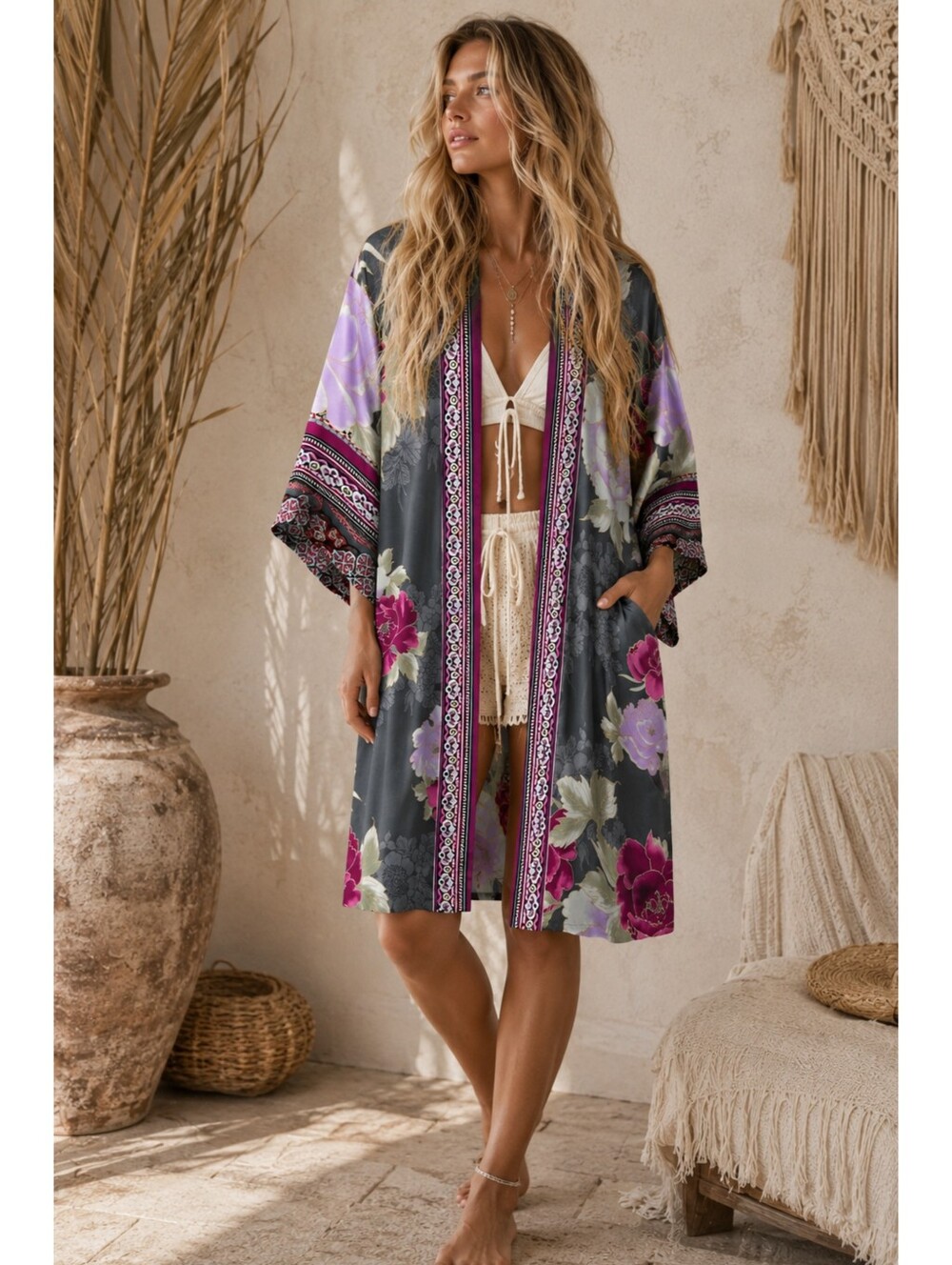Natori Floral Kimono Robe Gray Purple Satin Lounge Cover Up Pockets Size Small - Picture 2 of 12